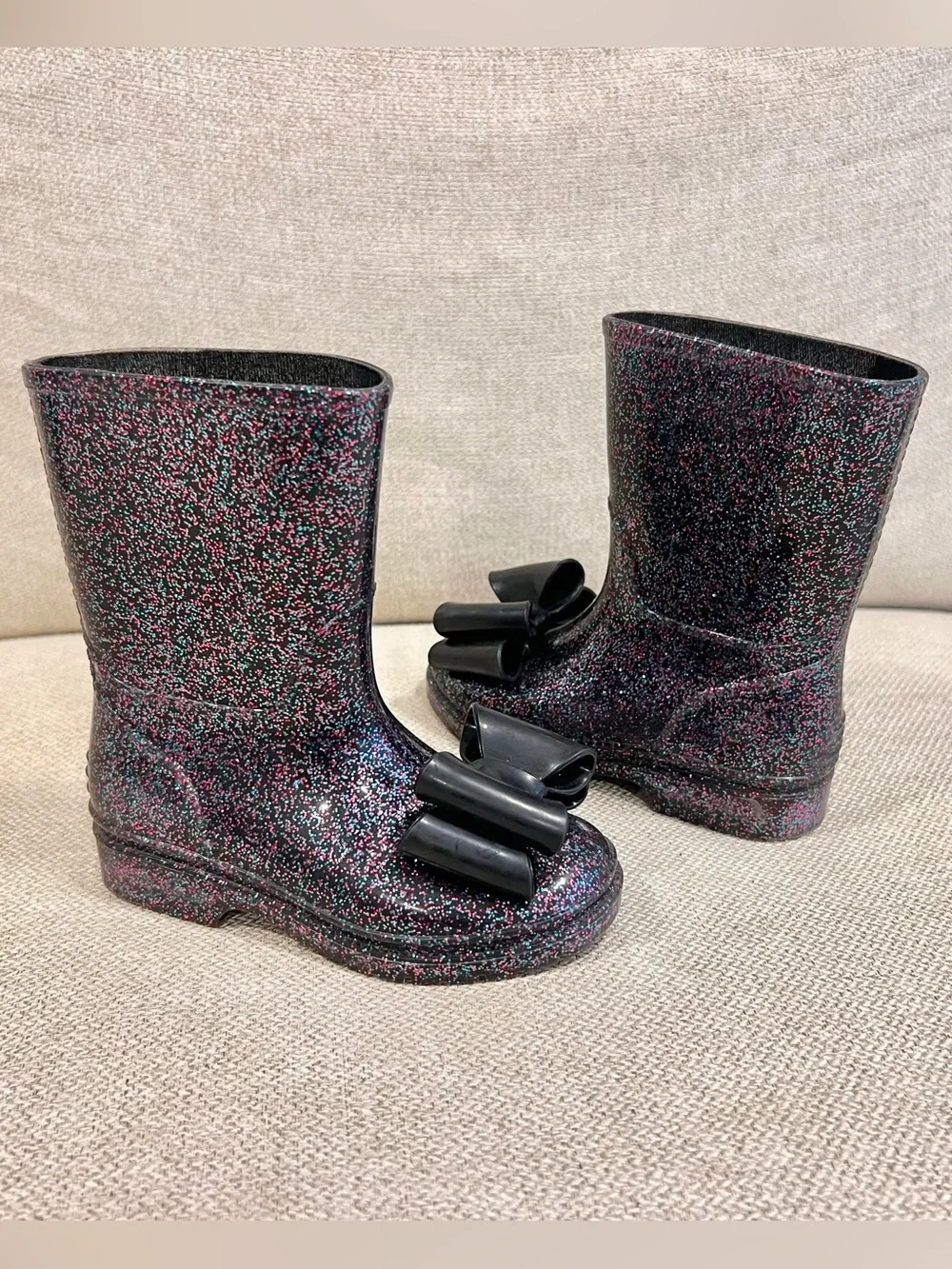 Jelly Beans Size 9 Toddler Girls Black Glitter Bow Rain Boots Rubber Waterproof